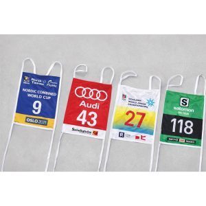 Dossard ski personnalisé cordons avec logo et numérotation visible