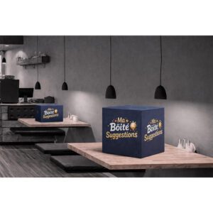 Urne comptoir personnalisée en carton pour collecte de bulletins en magasin
