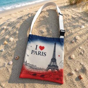 Sac bandoulière personnalisé avec logo et visuels colorés pour communication professionnelle et événements extérieurs.