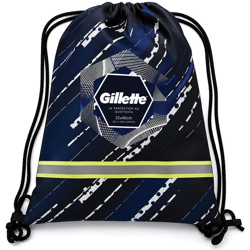 Sac publicitaire en polyester imperméable avec cordons renforcés et bande réfléchissante pour meilleure visibilité extérieure.