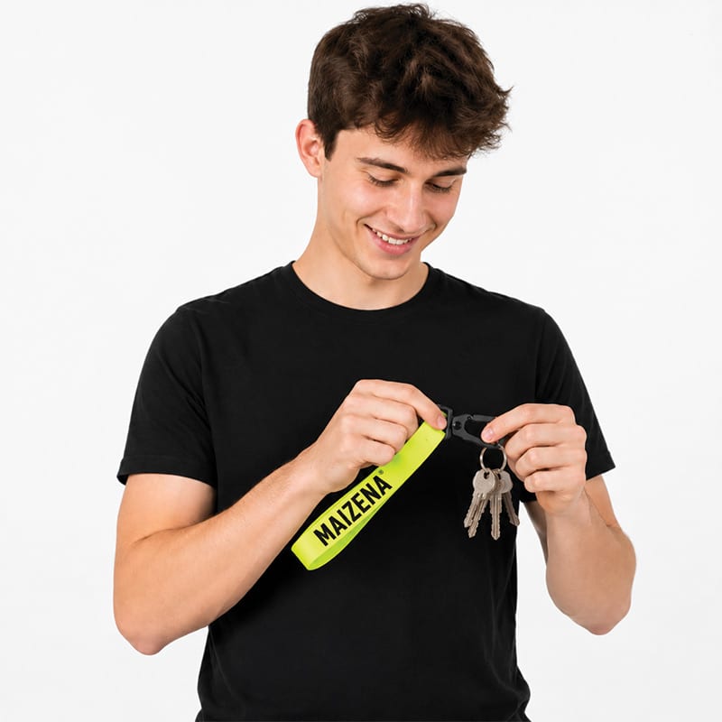 Porte-clés fluorescent personnalisé avec ruban fluo et mousqueton pour usage quotidien