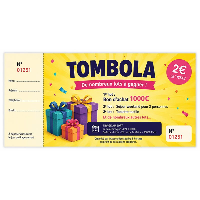 Impression de ticket tombola personnalisé pour événement et association
