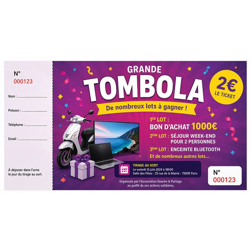 Ticket tombola personnalisé imprimé avec numérotation professionnelle