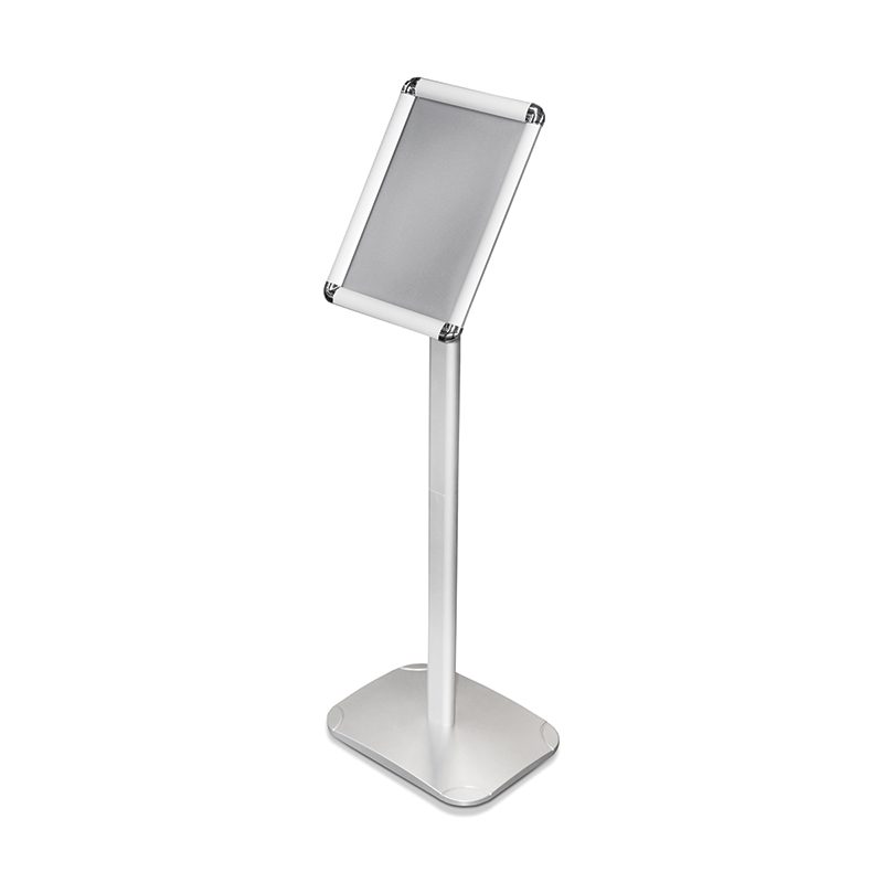Porte-menu premium personnalisé en aluminium anodisé avec socle lesté pour restaurant.