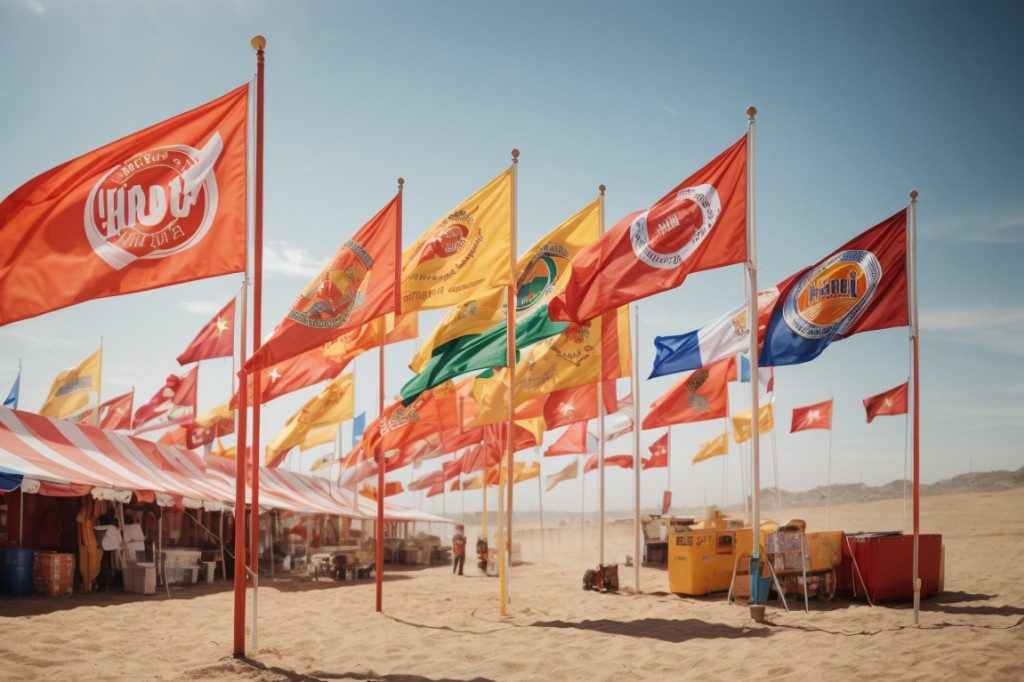 Gros plan sur les drapeaux publicitaires de chez Rue du print