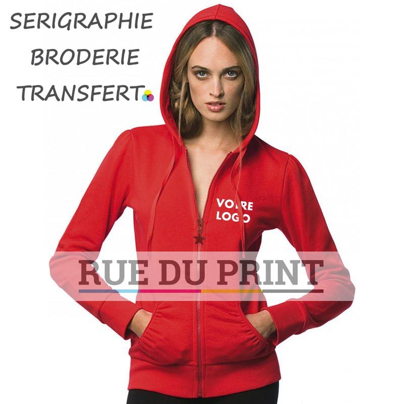 Sweat shirt publicité femme 280 g/m²  80% coton ringspun, 20% coton polyester  capuche doublée avec cordon