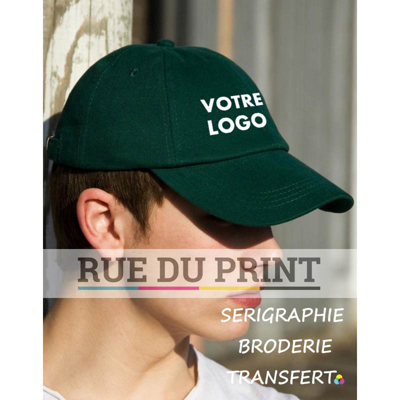 Casquette publicité forme aplatie 350 g/m2 100% coton (drill, heavy brushed) 6 panneaux oeillets