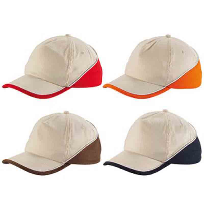 Casquette publicitaire 7 panneaux beige/marine Taille adulte visière 7,5 cm 100 % coton épais légèrement brossé.