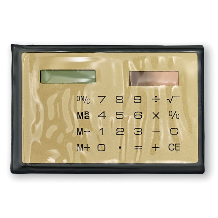 THINNY  Calculatrice personnalisable 8 chiffres solaire  en format carte de crédit. Présentée dans une boite noire  avec couvert