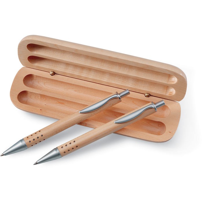 Advertising DEMOIN Set including a pen and a mechanical pencil in a wooden box.