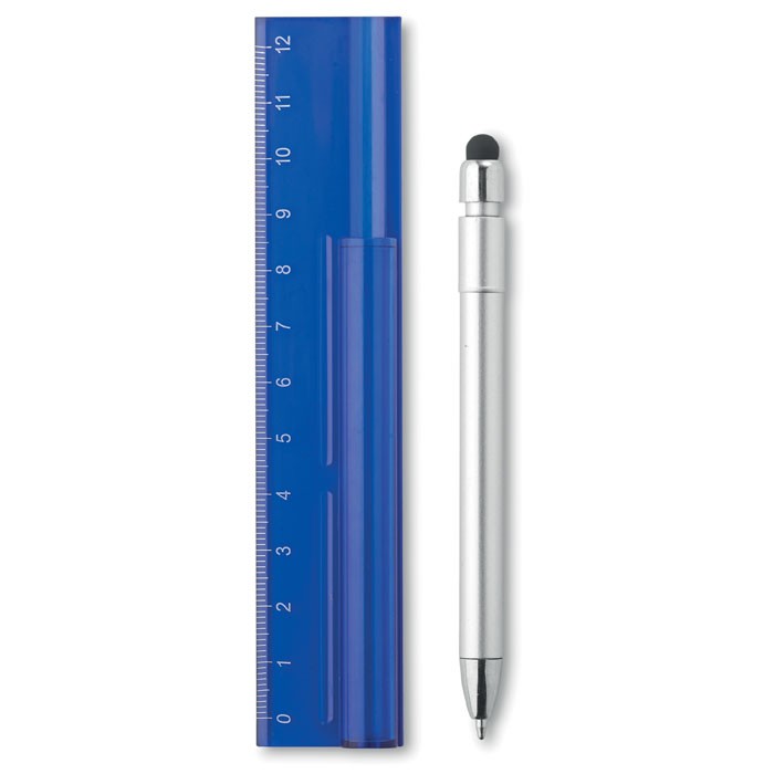 DUOTOOL Customizable 12 cm plastic ruler with matte silver body stylus pen. Blue ink.