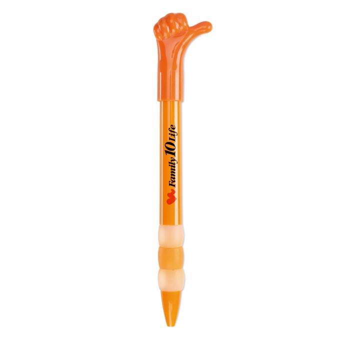 HELLO stylo publicitaire bille,  poussoir en forme de main.  Plastique ABS.  Encre bleue.