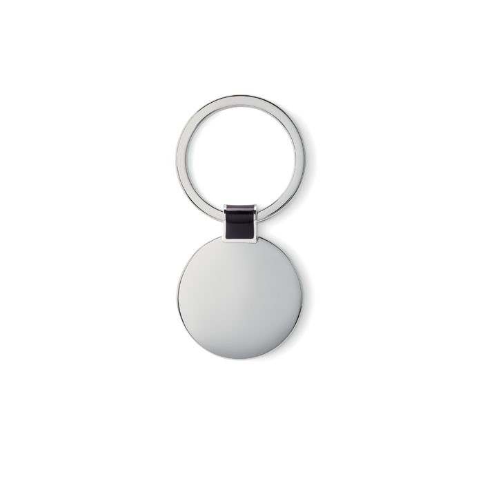 ROUNDY Porte-clés personnalisable métallique en forme ronde, aspect brillant.