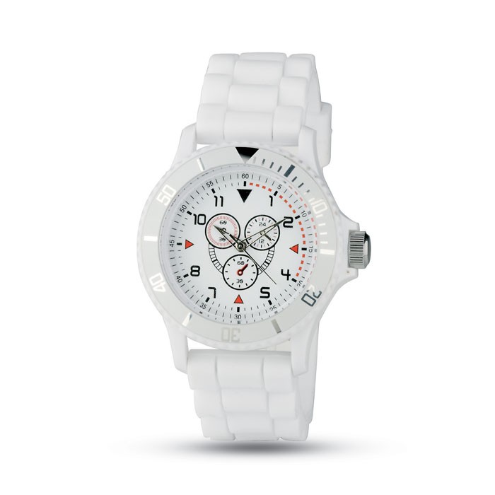 Relógio publicitário MOTIONZONE ABS Quartz com coroa giratória, 3 esferas decorativas no mostrador e pulseira de sílica