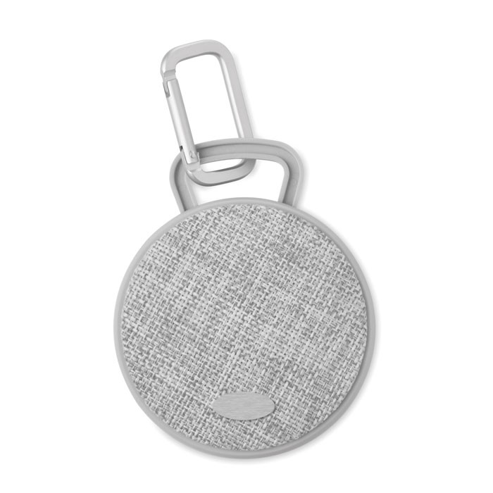 ROLL Haut-parleur publicitaire rond Bluetooth avec revêtement en tissu sur le devant et finition en caoutchouc.