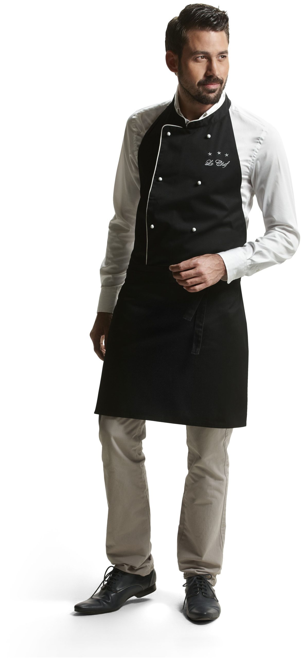 Tablier personnalisé Le Chef à fermeture dans le dos. Twill 65% polyester et 35% coton.