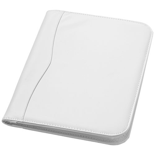 Conférencier personnalisable A4 zippé Ebony comprenant un passant pour stylo,  une poche zippée et un bloc-notes de 20 pages à l