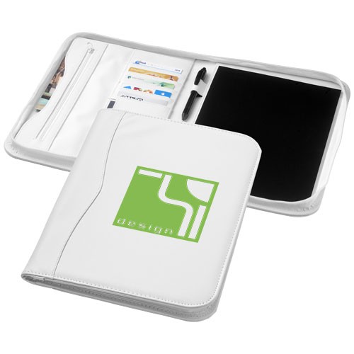 Conférencier publicité A4 zippé Ebony comprenant un passant pour stylo,  une poche zippée et un bloc-notes de 20 pages à lignes.