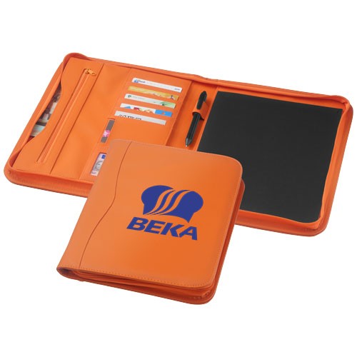 Conférencier personnalisable A4 zippé Ebony comprenant un passant pour stylo,  une poche zippée et un bloc-notes de 20 pages à l