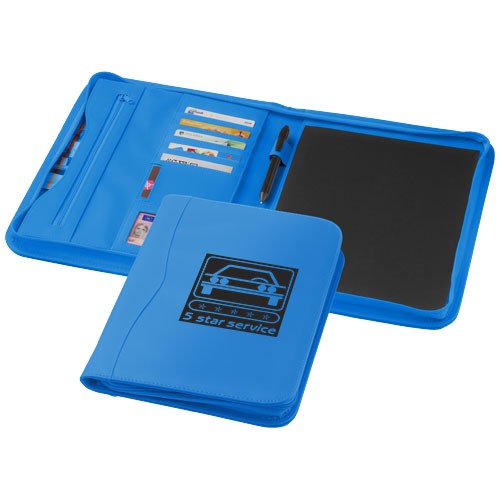 Conférencier personnalisé A4 zippé Ebony comprenant un passant pour stylo,  une poche zippée et un bloc-notes de 20 pages à lign