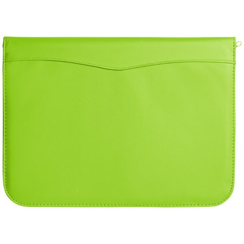 Conférencier publicité A4 zippé Ebony comprenant un passant pour stylo,  une poche zippée et un bloc-notes de 20 pages à lignes.