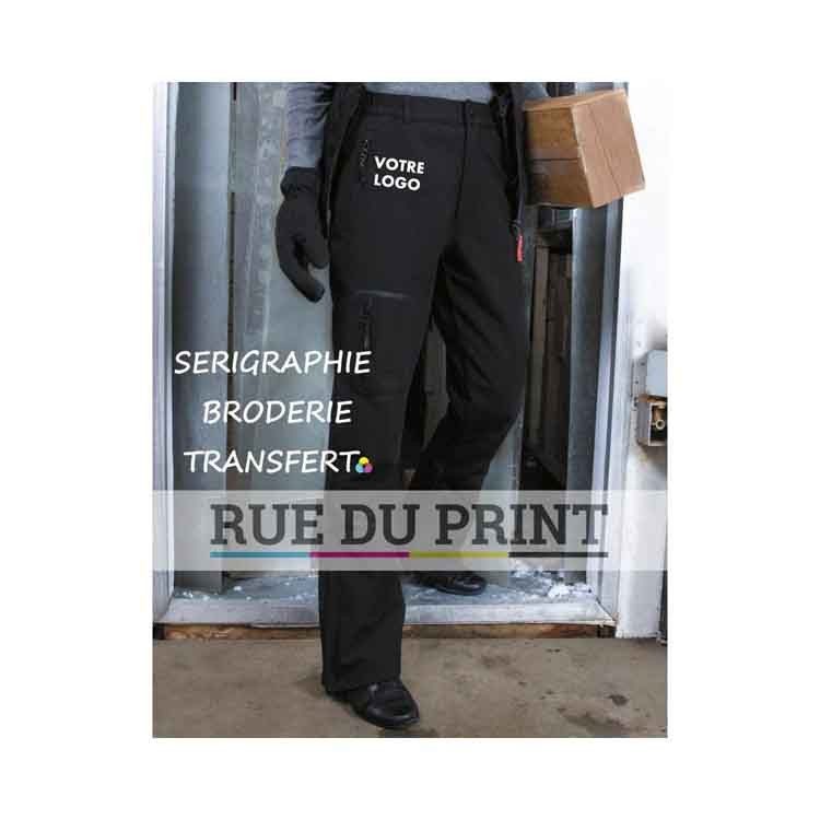 Exterior da calça publicitária feminina Soft Shell: 93% poliéster, 7% elastano, 300 g/m² camada intermediária: membrana TPU respirável, resistente