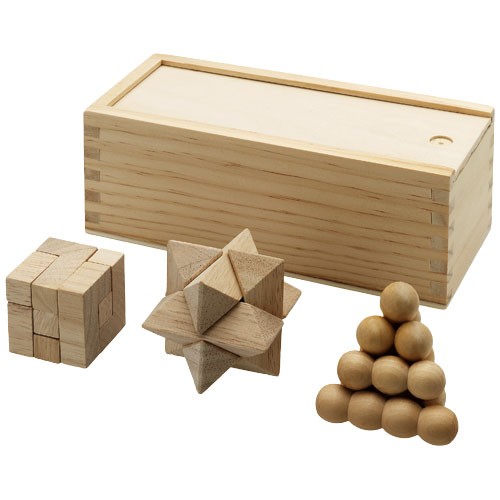 Casse-tête chinois personnalisé en bois 3 pièces Set de 3 casse-têtes en 1 dans écrin bois.  Marquage indisponible sur le casse-
