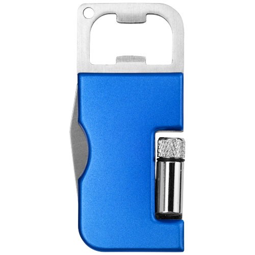 Couteau personnalisable de poche 3 en 1 Pinto dispose d'une lampe LED  et a une fonction décapsuleur.  Pile fournie. Aluminium.