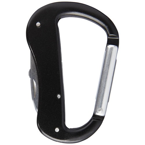 Mousqueton personnalisé 5 fonctions  incluant un couteau,  des ciseaux, un tournevis à tête plate,  un ouvre-bouteille et une li