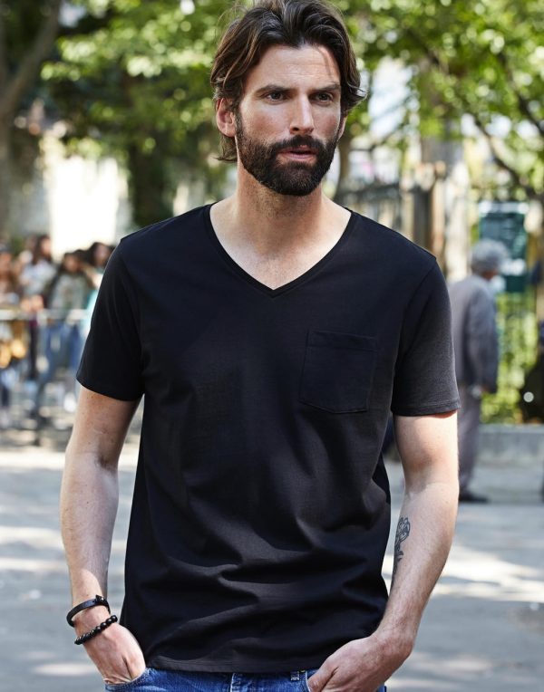 T-shirt pubblicitaria nera per profilo da uomo Interlock 100% cotone pettinato filato ad anelli, fibra compatta di cotone a fibra lunga da 220 g/m² “