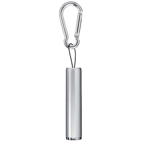 Ostra lamp advertising carabiner with on/off switch, anodized body. Includes batteries.