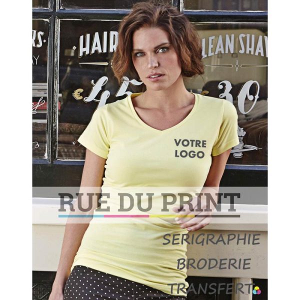 T-shirt pubblicitaria giallo chiaro per profilo femminile Stretch Extra Long 90% cotone pettinato filato ad anelli, 10% elastan, 175 g/m² molto