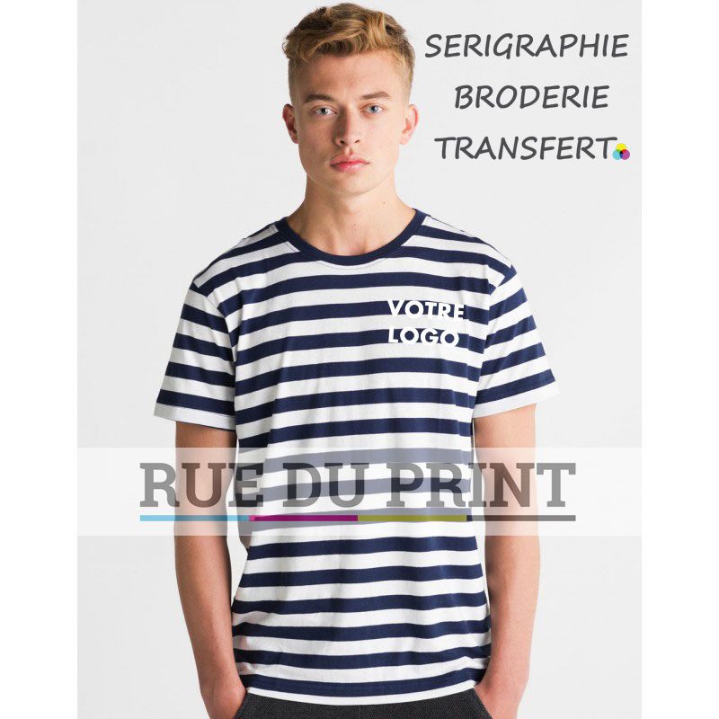 Tee-shirt publicité gris/blanc profil homme rayé 100% coton peigné ringspun, 150 g/m² jersey simple ultra doux pour une surface