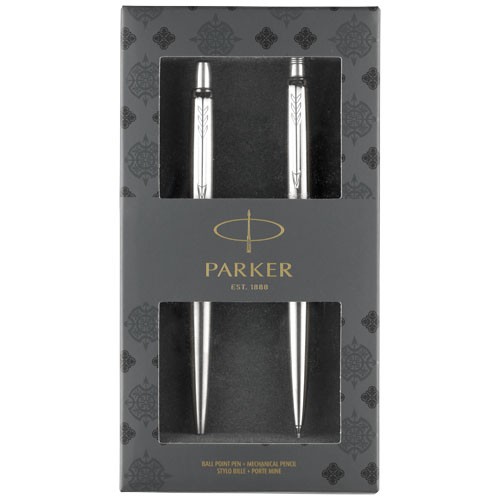 Parure publicitaire stylos Jotter Stainless Steel Le stylo est équipé d'une recharge encre noire QuinkFlow, livré dans une boît