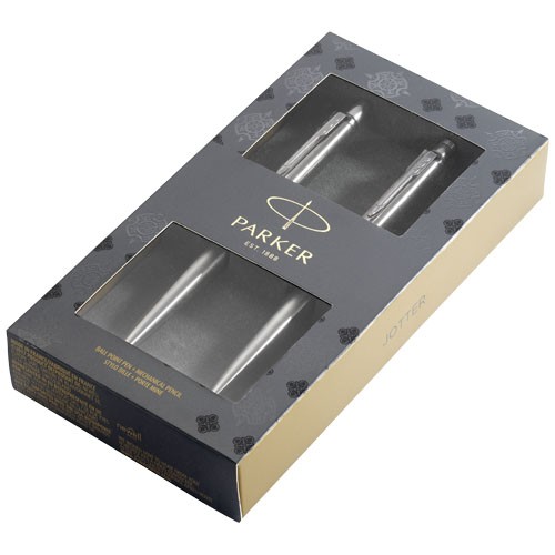 Parure publicité stylos Jotter Stainless Steel Le stylo est équipé d'une recharge encre noire QuinkFlow, livré dans une boîte c