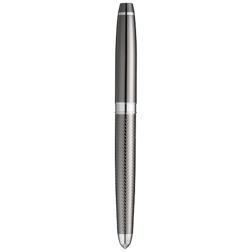 Parure publicitaire de stylos comprenant un stylo à bille et un stylo roller avec cartouche d'encre noire.