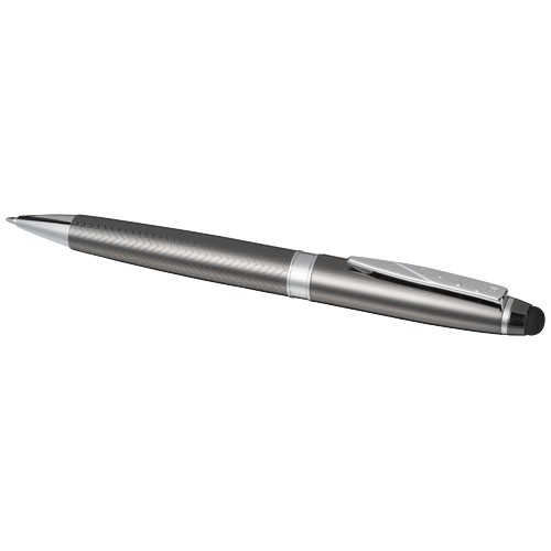 Parure publicité de stylos comprenant un stylo à bille et un stylo roller avec cartouche d'encre noire.