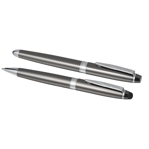 Parure personnalisée de stylos comprenant un stylo à bille et un stylo roller avec cartouche d'encre noire.
