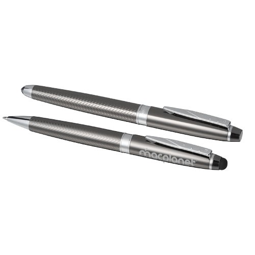 Parure publicitaire de stylos comprenant un stylo à bille et un stylo roller avec cartouche d'encre noire.