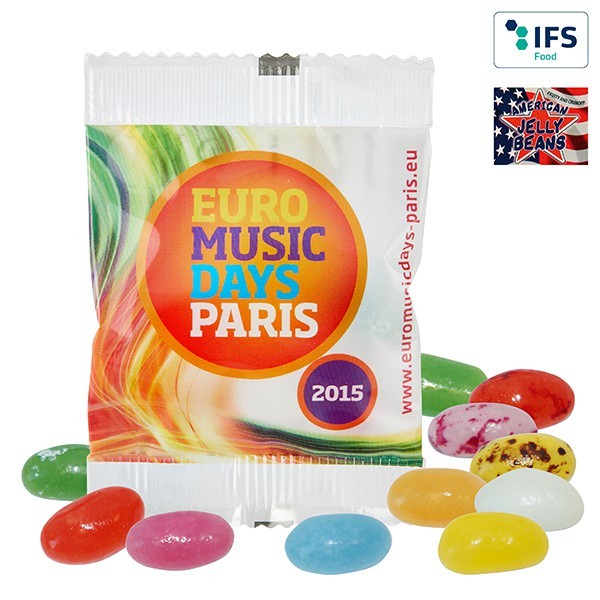 American personnalisable Jelly Beans en sachet transparent ou blanc,  laminage mat/brillant.