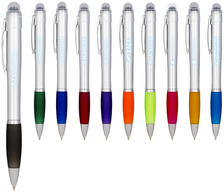 Stylo à bille lumineux Nash avec corps silver et grip de couleur