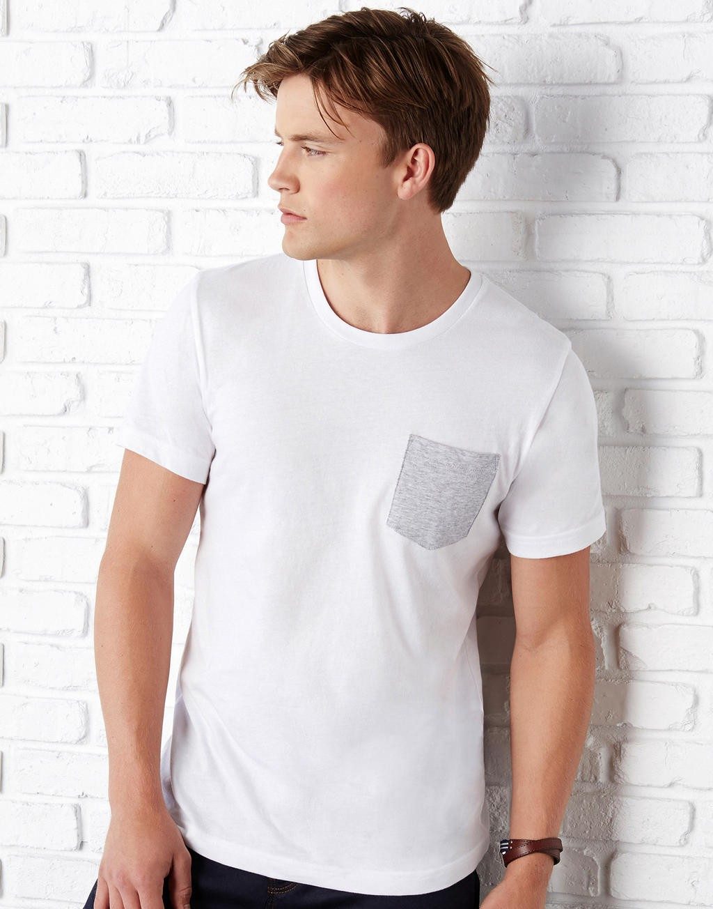Tee-shirt personnalisable blanc profil homme avec poche Jersey 100% coton peigné ringspun, 145 g/m²  couleurs heather: 52% coton
