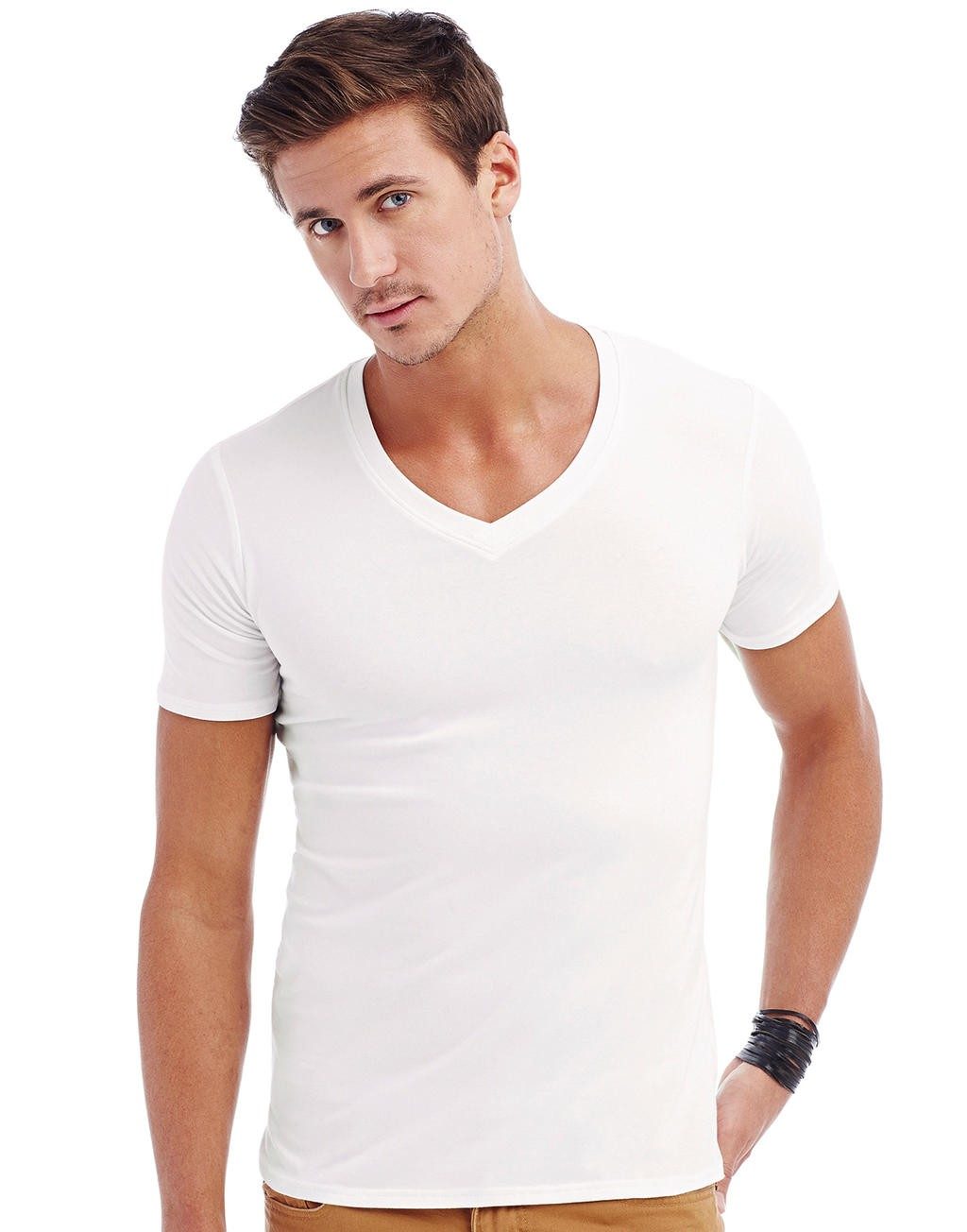 Tee-shirt personnalisé blanc profil col V Dean 95% coton ringspun peigné, 5% élasthanne, 170 g/m²  parfait comme sous-vêtement c